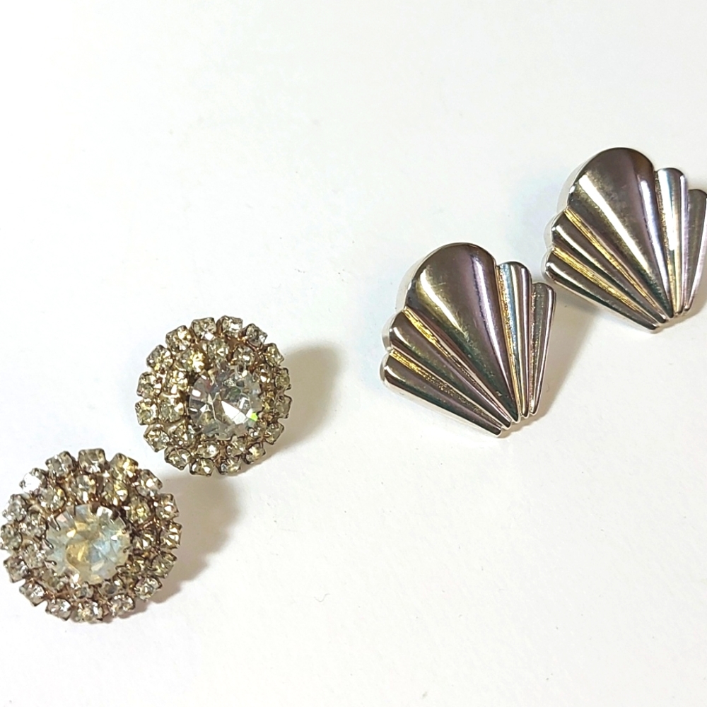 Vintage Diamante Stud Earrings plus Bonus Vintage Art Deco Fan Studs